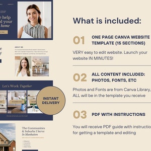 May include: A website template for real estate agents, featuring a photo of a woman smiling and the text "Let me help you find your dream home". The template includes a one-page Canva website with 15 sections, all content including photos, fonts, and a PDF with instructions.