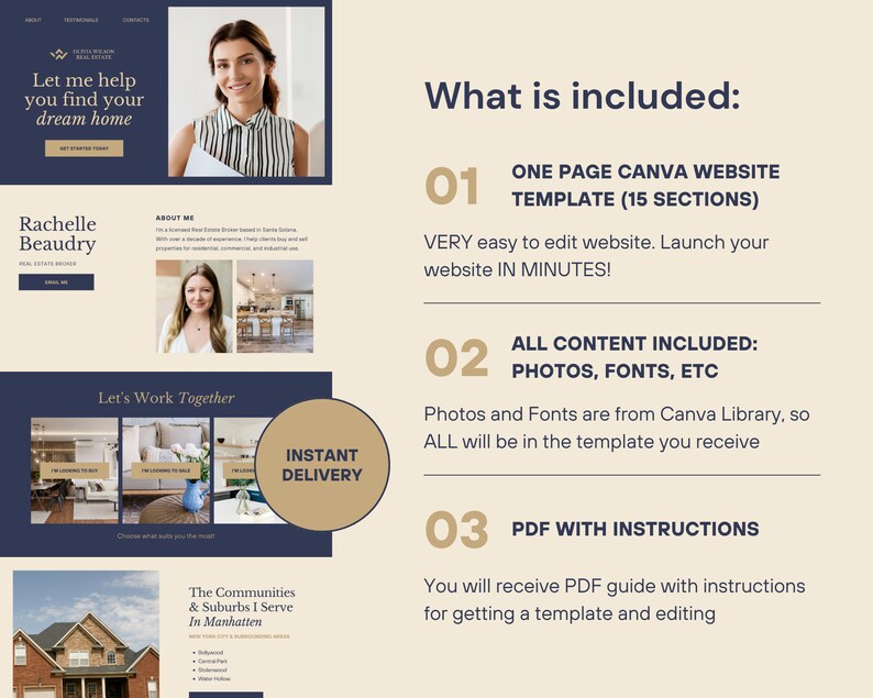 May include: A website template for real estate agents, featuring a photo of a woman smiling and the text "Let me help you find your dream home". The template includes a one-page Canva website with 15 sections, all content including photos, fonts, and a PDF with instructions.