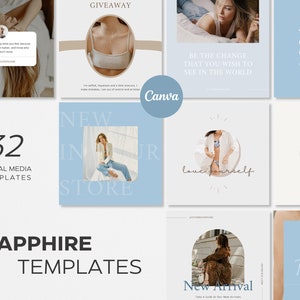 Könnte beinhalten: Eine Sammlung von 32 Social-Media-Vorlagen für Unternehmen. Die Vorlagen haben ein hellblaues und weißes Farbschema mit Textüberlagerungen und Bildern von Menschen. Der Text enthält Sätze wie "Neu in unserem Shop", "Liebe dich selbst" und "Sei die Veränderung, die du in der Welt sehen möchtest".