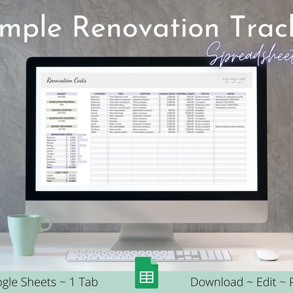 Tracker di ristrutturazione semplice / Modello di budget di Fogli Google / Modello di foglio di calcolo / Tracker di ristrutturazione / Finanze domestiche / Costi della casa