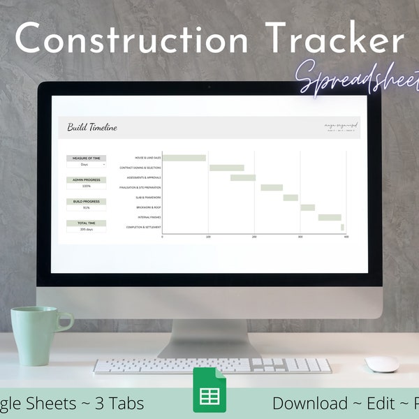 Construction Tracker  | Spreadsheet Template | Gantt Chart | Google Sheets Template | Home Building Progress | Construction Management