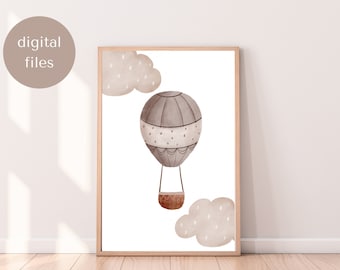 Beige Heißluftballon Kinderzimmer Druck, Reisemotiv (Digitaler Download)