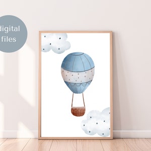 Blue Hot Air Balloon Print, Travel Nursery Decor, Kids Printable Wall Art, Boys Nursery Decor, Hot Air Balloon Nursery Print, Boys Room Art