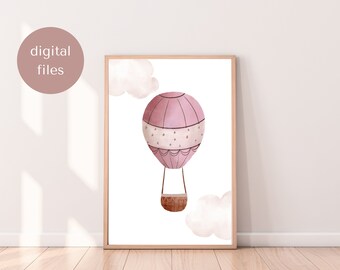 Rosa Heißluftballon Kinderzimmer Druck, Kinder Reise Dekor (digitaler Download)