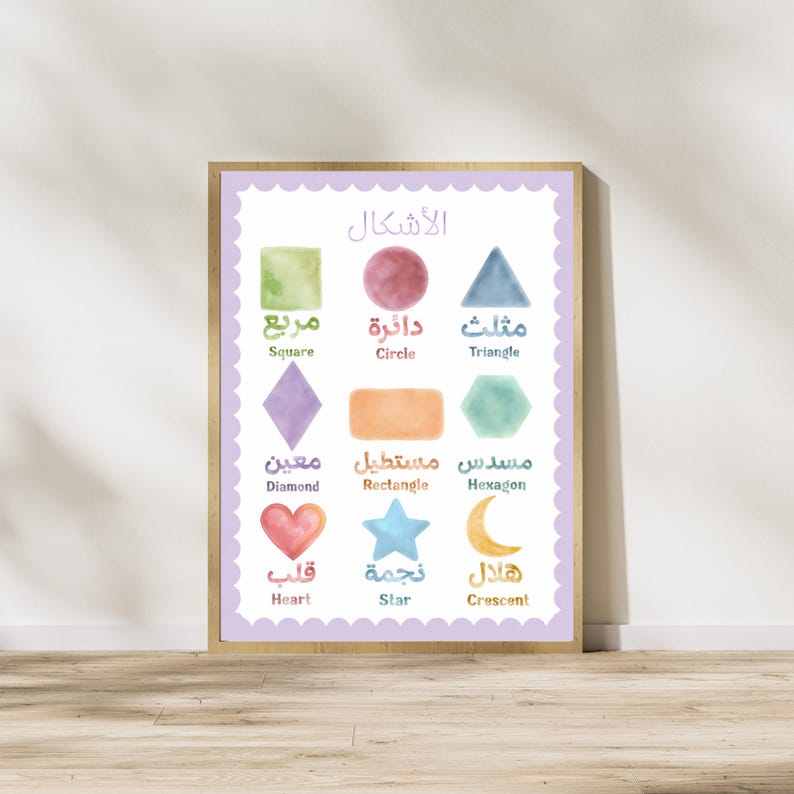 May include: A framed educational wall art print featuring nine watercolor shapes in various colors. Each shape is labeled with its name in both Arabic and English text. The shapes include a square, circle, triangle, diamond, rectangle, hexagon, heart, star, and crescent, all arranged on a white background with a scalloped light purple border.