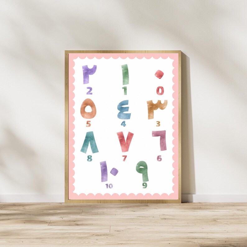 May include: A rectangular wall art print in a light wood frame featuring a white background with a scalloped pink border. The print displays Arabic numerals zero through ten in various watercolor colors, paired with their corresponding Western digits.