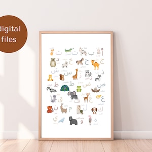 Arabisches Alphabet Wandkunst, Arabisches Alphabet Poster, Arabisches Alphabet für Kinder, Arabische Tiere Druck, Arabische Spielzimmer Dekor, Arabisches Kinderzimmer