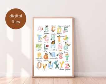 Alphabet Poster druckbare, Kinder Wandkunst, Käfer Alphabet Digitaldruck, Spielzimmer Dekor, Kinderzimmer Dekor, Kinderzimmer Wandkunst, ABC Digitaldruck