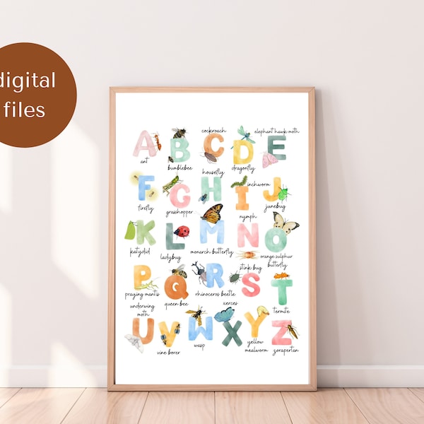 Alphabet Poster Printable, Kids Wall Art, Bug Alphabet Digital Print, Playroom Decor, Kids Room Decor, Nursery Wall Art, ABC Digital Print