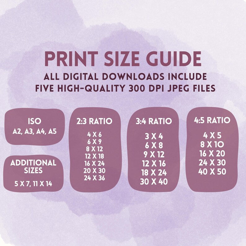 May include: A digital print size guide with dark purple text on a light purple background. It lists ISO sizes A2, A3, A4, A5, and additional sizes 5x7 and 11x14 inches. It also details 2:3, 3:4, and 4:5 aspect ratios with various inch dimensions.