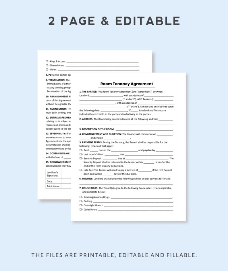 Room Tenancy Agreement Template. PDF Form / Word Document. Printable and Editable. image 2