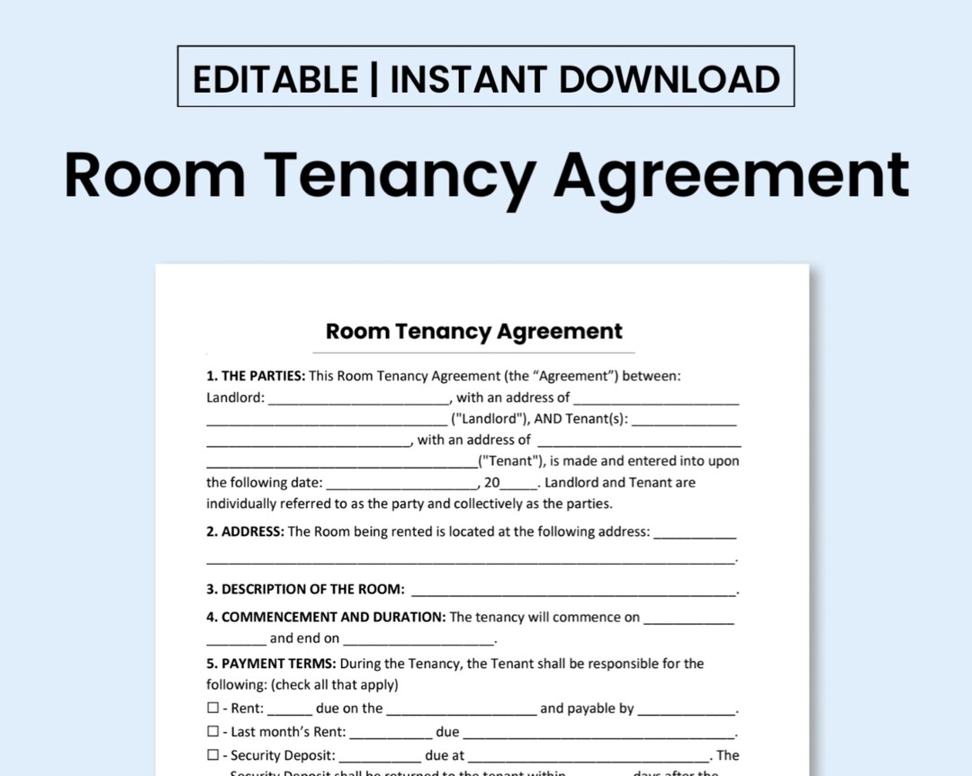 Room Tenancy Agreement Template PDF Form Word Document Printable 