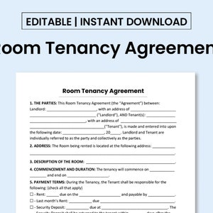 Room Tenancy Agreement Template. PDF Form / Word Document. Printable and Editable.