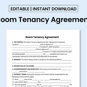 Room Tenancy Agreement Template. PDF Form / Word Document. Printable and Editable. image 1