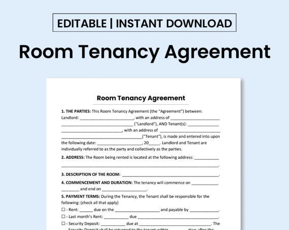 room tenancy agreement template pdf form word document etsy