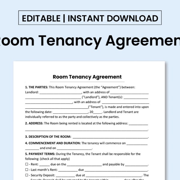 Room Tenancy Agreement Template. PDF Form / Word Document. Printable and Editable.