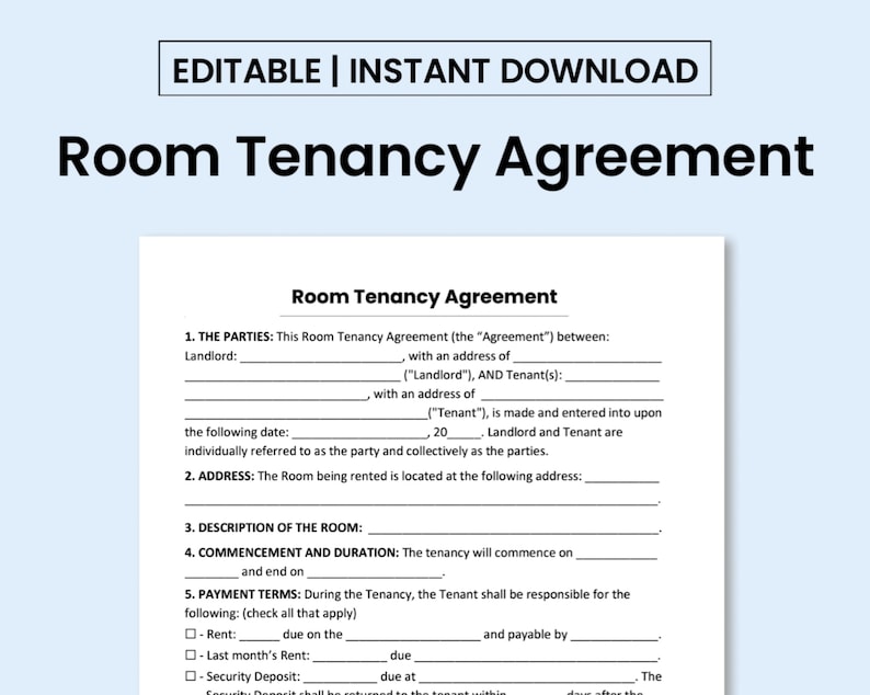 Room Tenancy Agreement Template. PDF Form / Word Document. Printable and Editable. image 1