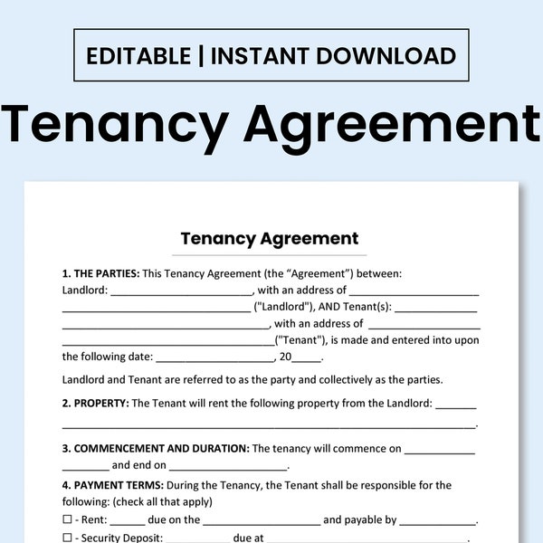 Tenancy Agreement Template. PDF Form, Word Document, and Google Doc files. Printable, Editable and Fillable.