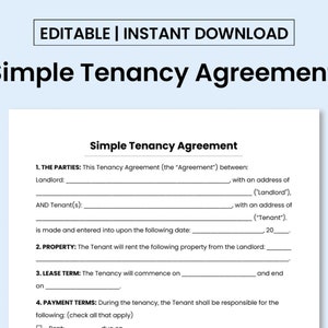 Simple Tenancy Agreement Template. PDF / MS Word document. Printable / Editable.