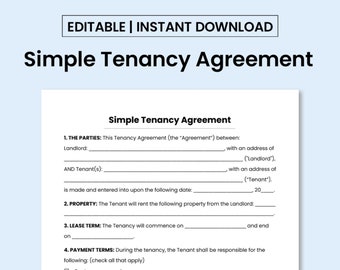 Simple Tenancy Agreement Template. PDF / MS Word document. Printable / Editable.