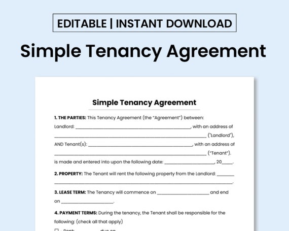 Simple Tenancy Agreement Template PDF MS Word Document Etsy New 
