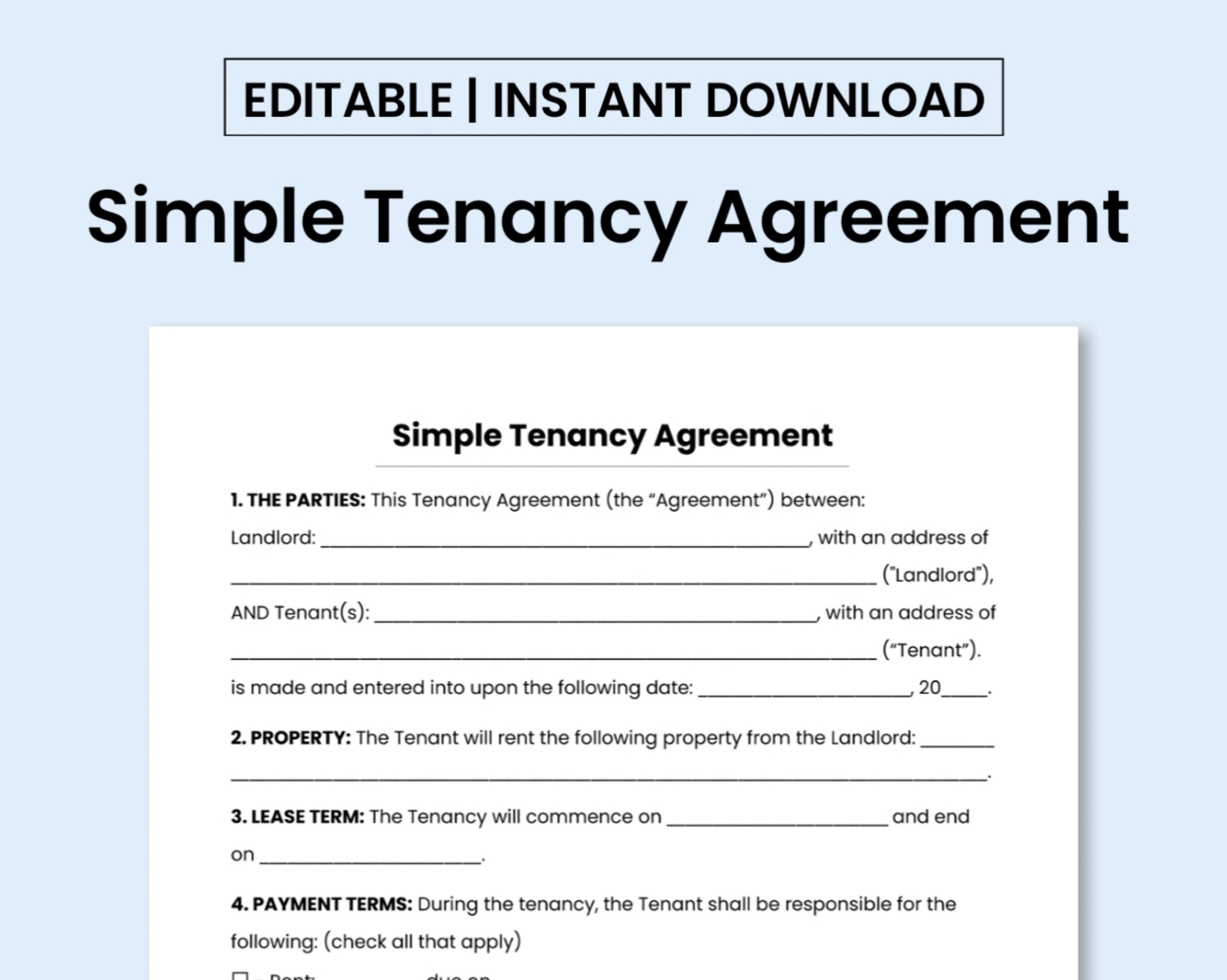 Simple Tenancy Agreement Template PDF MS Word Document Printable 