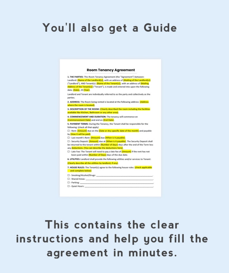 Room Tenancy Agreement Template. PDF Form / Word Document. Printable and Editable. image 3