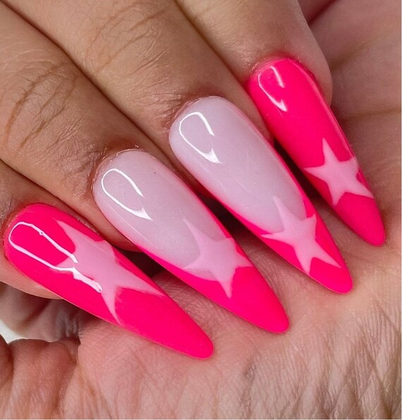 Amazon.com: CoolNail Hot Pink Sharp End Almond Nail Art Jelly Pink Oval  Stiletto False Fake Nails Tips Manicure Full Cover Press on Salon UV Nail :  Beauty & Personal Care