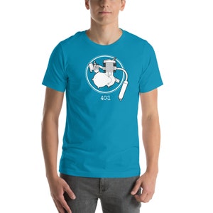 May include: A turquoise blue t-shirt with a white graphic of a two-stroke engine inside a circle. The text "40:1" is below the circle.