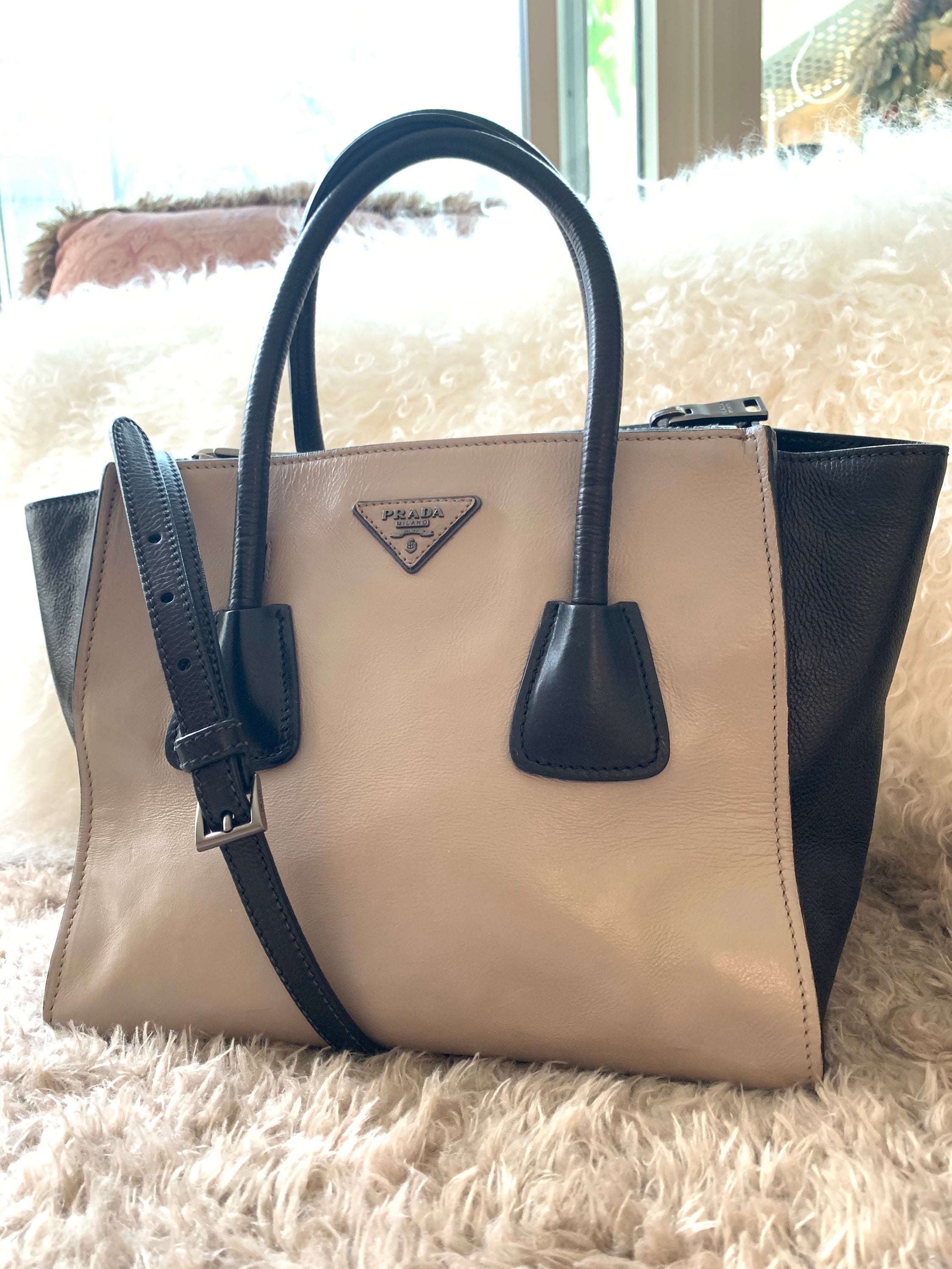 Prada Saffiano Trim Tessuto Brique Bag L