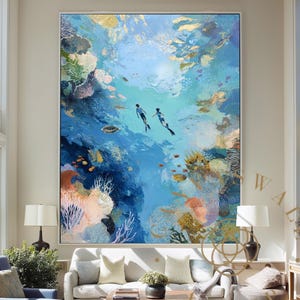 Large Snorkeling Underwater Art Seascape Painting Swimming into the Sea Blue Ocean Abstract Painting Beach House Decor Relaxing Art