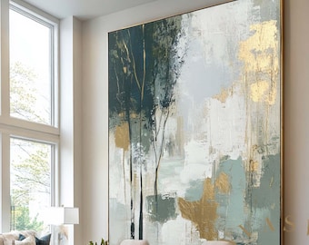 Green&Gold Forest Landscape Textured Painting: Neutral Abstract Canvas Art Large Original Wall Art