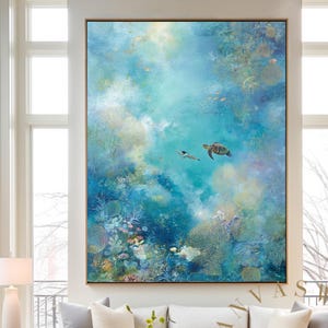 Swimmer Diving in Turquoise and Blue Waters Turquoise Beach House Decor Coastal Wall Art Relaxing Painting Summer Pool House Painting