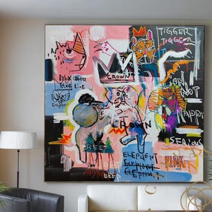 Bold Graffiti Style Painting with Crown Basquiat Inspired Painting Urban Pop Art