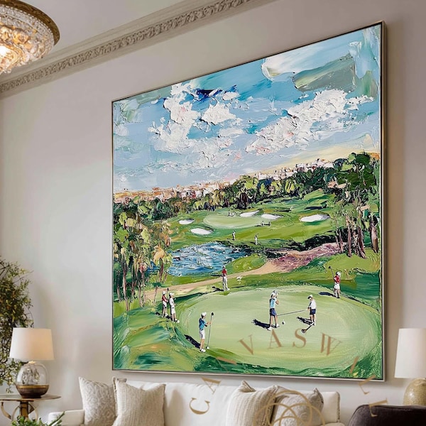 3D Textured Golf Painting: Green Palette Knife Sport Art Plaster Art