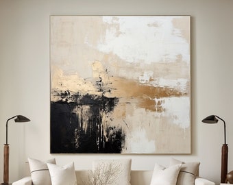 Large Beige Black Abstract Painting Gold Foil Texture Painting Wabi Sabi Wall Art Minimalist Painting on Canvas Oversized Scandinavian Art