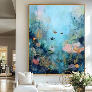 Large Snorkeling Underwater Art Seascape Painting Swimming into the Fish Herd Painting on Canvas Painting Beach House Decor Relaxing Art