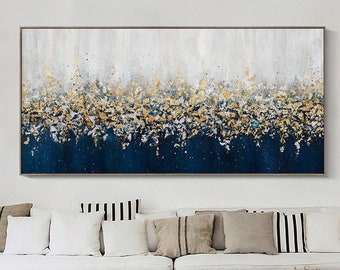 Navy Blue and Gold Abstract Painting Gold Leaf Painting Navy Blue Painting Dark Blue Abstract Wall Art Large Canvas Abstract Art