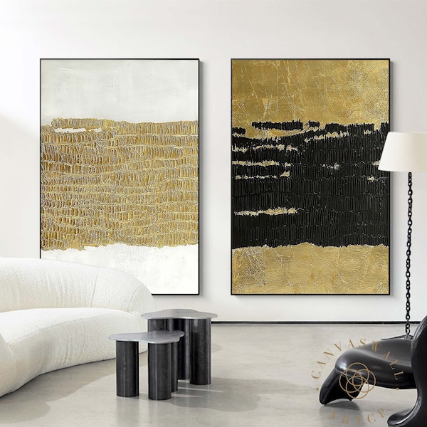 Large Minimalist Wall Art Set of 2 Abstract Paintings Black and White Painting Gold Abstract Painting 3D Texture 2 Pieces Wall Art
