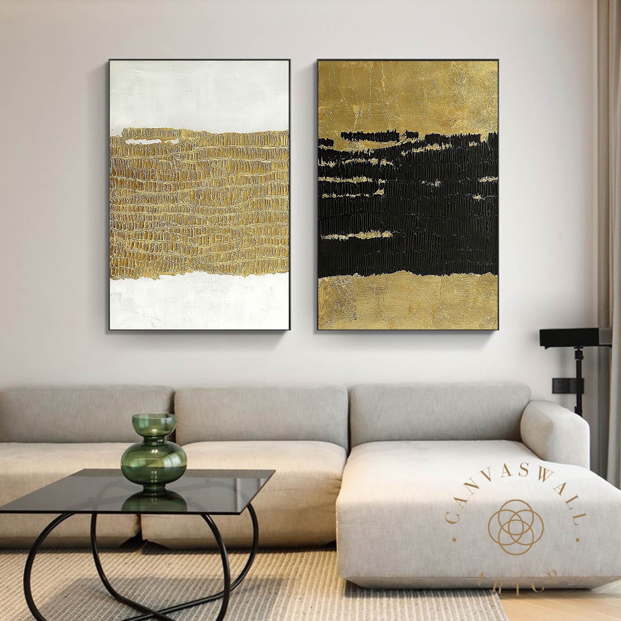 Large Minimalist Wall Art Set of 2 Abstract Paintings Black and White