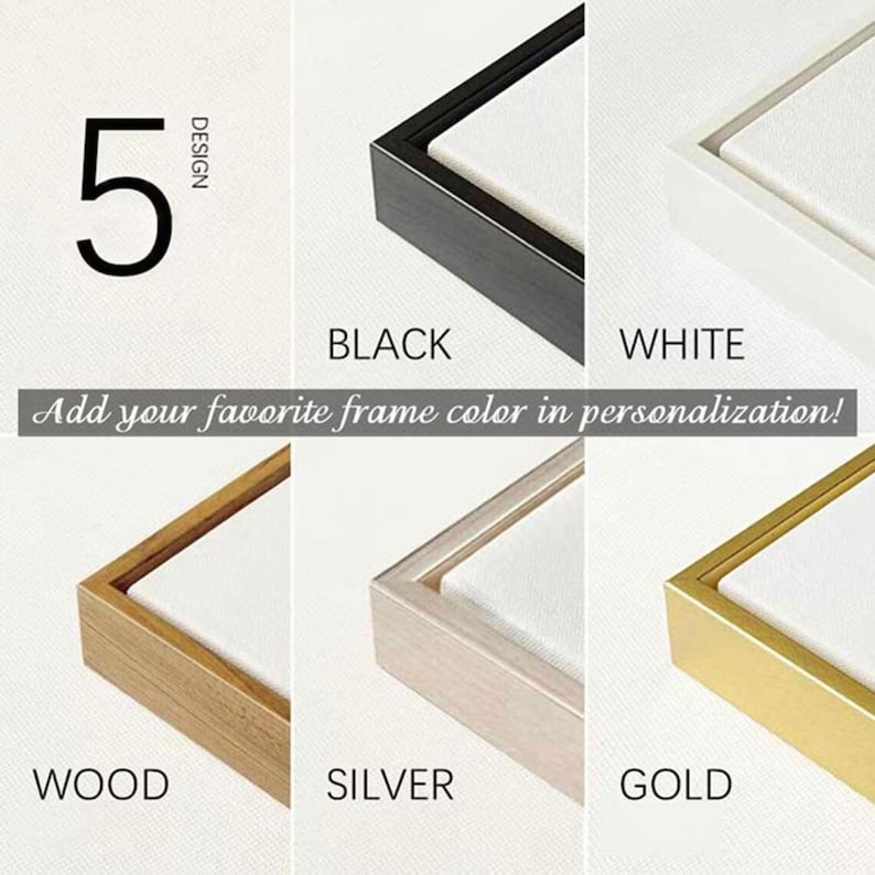 May include: Image showcasing five design options for framed artwork. The image displays corners of frames in black, white, wood, silver, and gold. Text reads "Add your favorite frame color in personalization!"