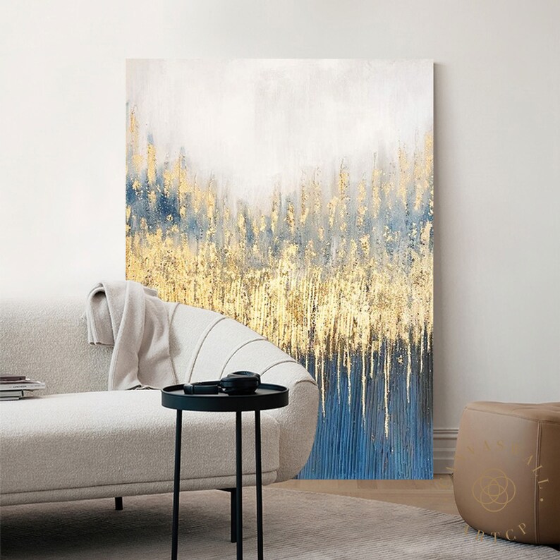 Navy Blue and Gold Abstract Painting Gold Foil Paitning Etsy