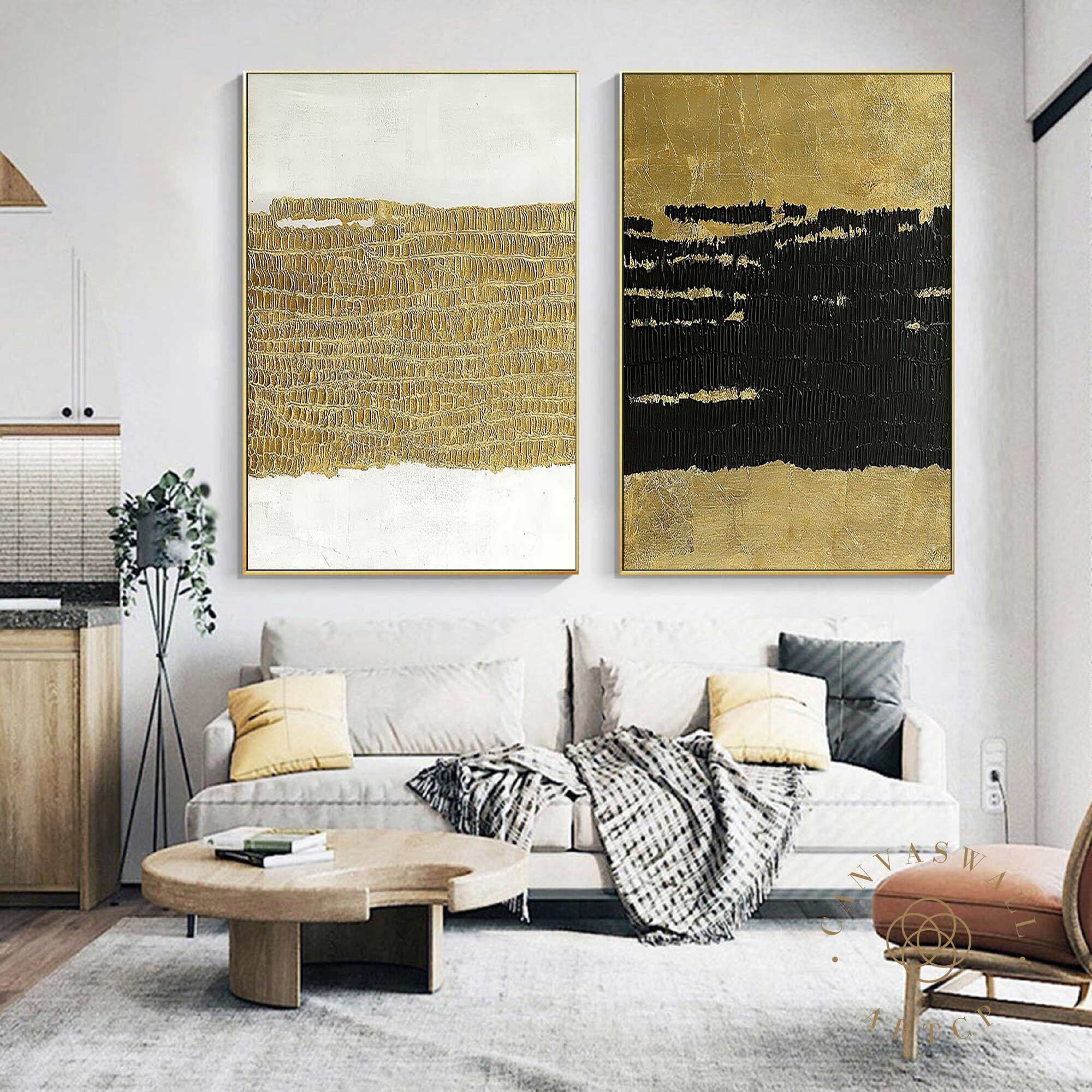 Large Minimalist Wall Art Set of 2 Abstract Paintings Black and White