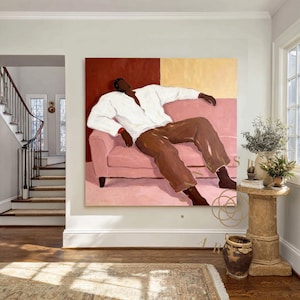 Relaxed Figure Artwork,Original Naive Art Painting,Pink and Terracotta Canvas,Hand-Painted Expressionist Art image 4