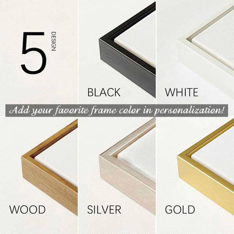 May include: An image showcasing a selection of framed canvas art with different frame colors. The options include black, white, wood, silver, and gold. The number 5 and the word "DESIGN" are also visible. The text "Add your favorite frame color in personalization!" is included.