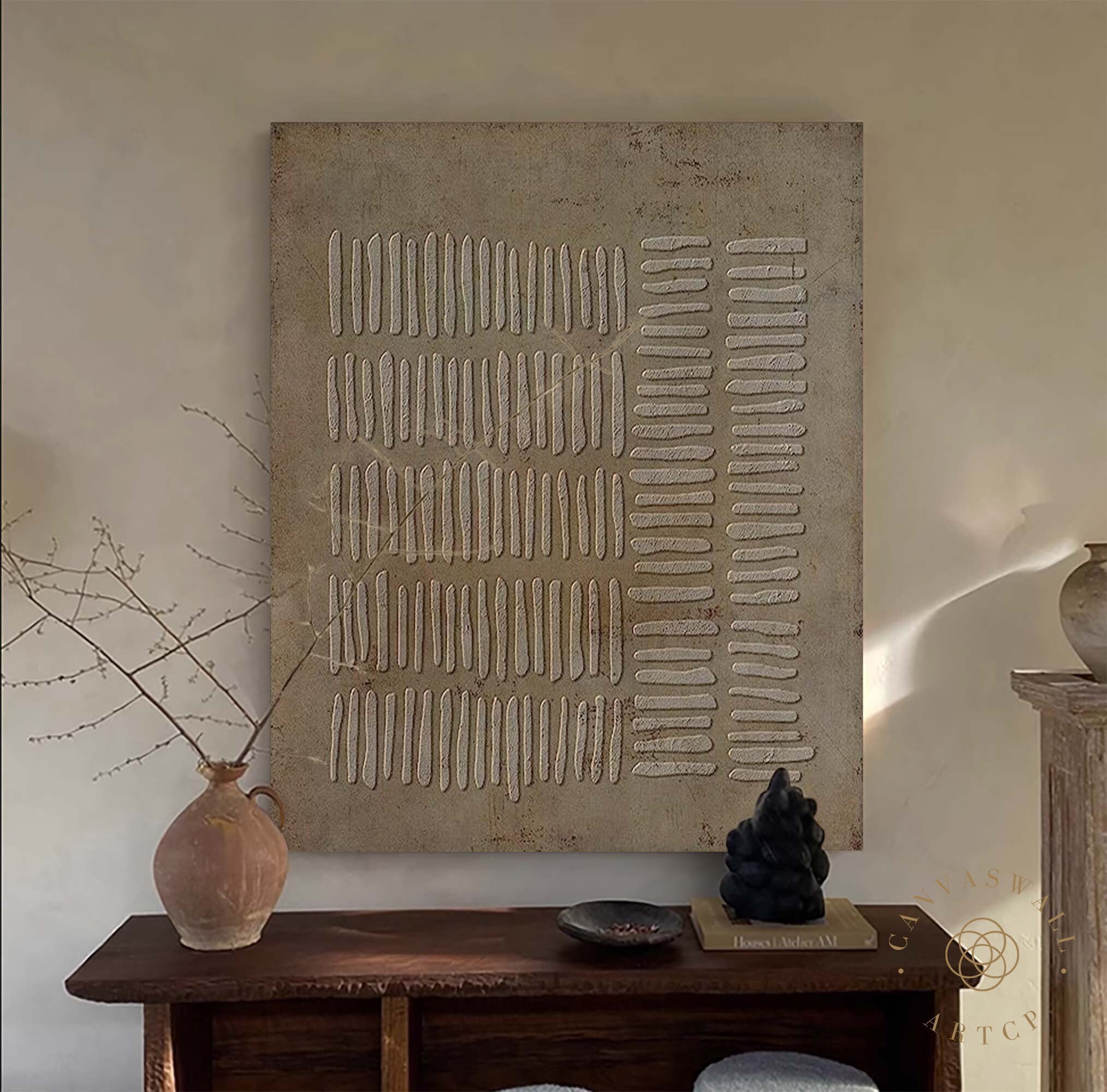Brown Wabi-Sabi Wall Art ｜ 3D Textured Canvas ｜ Geometric Line Abstract Painting