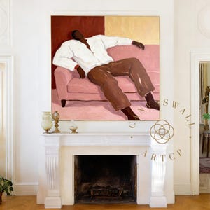 May include: An oil painting depicts a person reclining on a pink sofa. The person wears a white shirt and brown pants. The background is divided into red and gold sections. The artwork is displayed above a white fireplace.