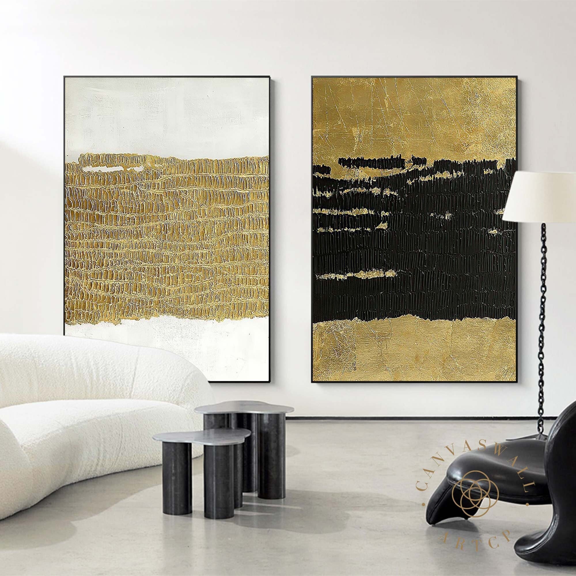 Large Minimalist Wall Art Set of 2 Abstract Paintings Black and White
