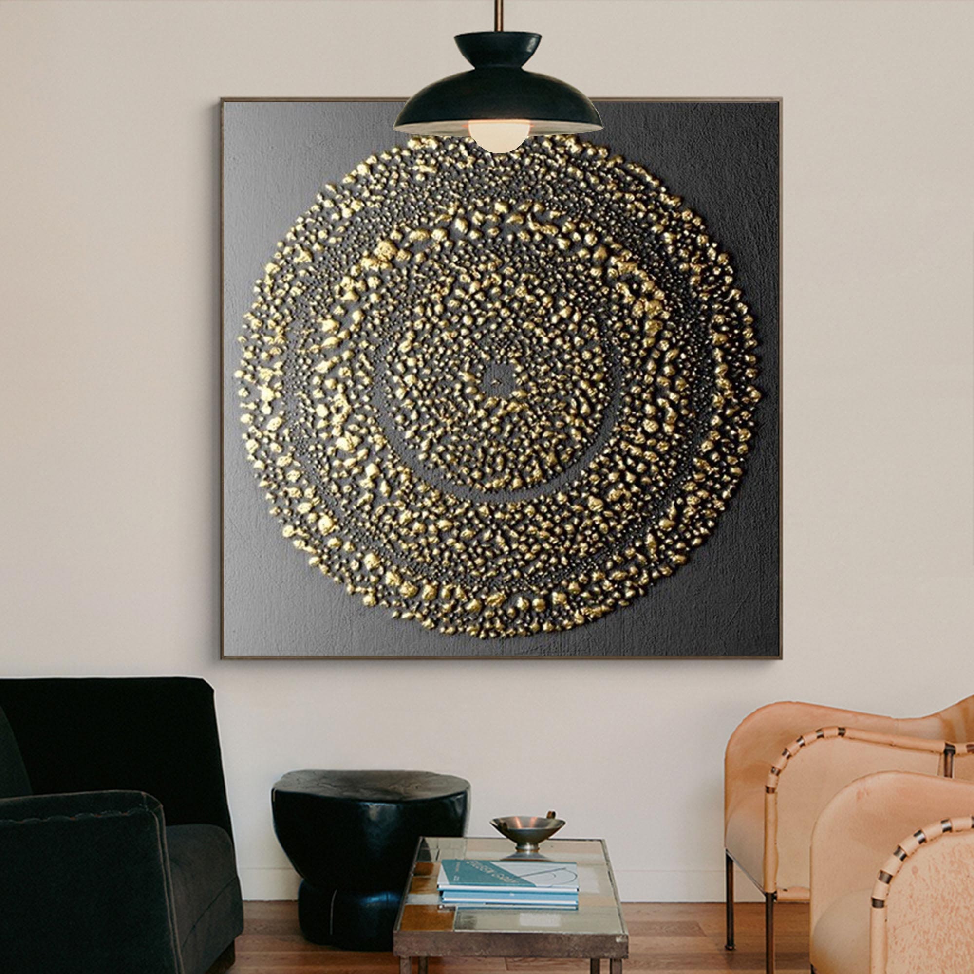 Black and Gold Painting on Canvas Gold Circle Painting 3D Texture