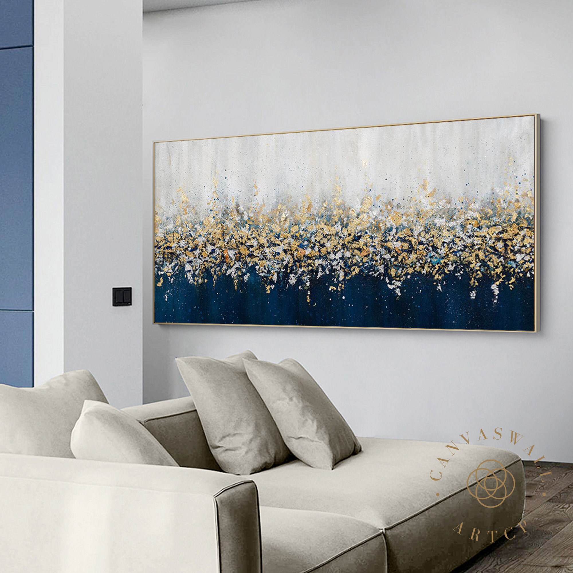 Navy Blue and Gold Abstract Painting Gold Leaf Painting Dark Etsy